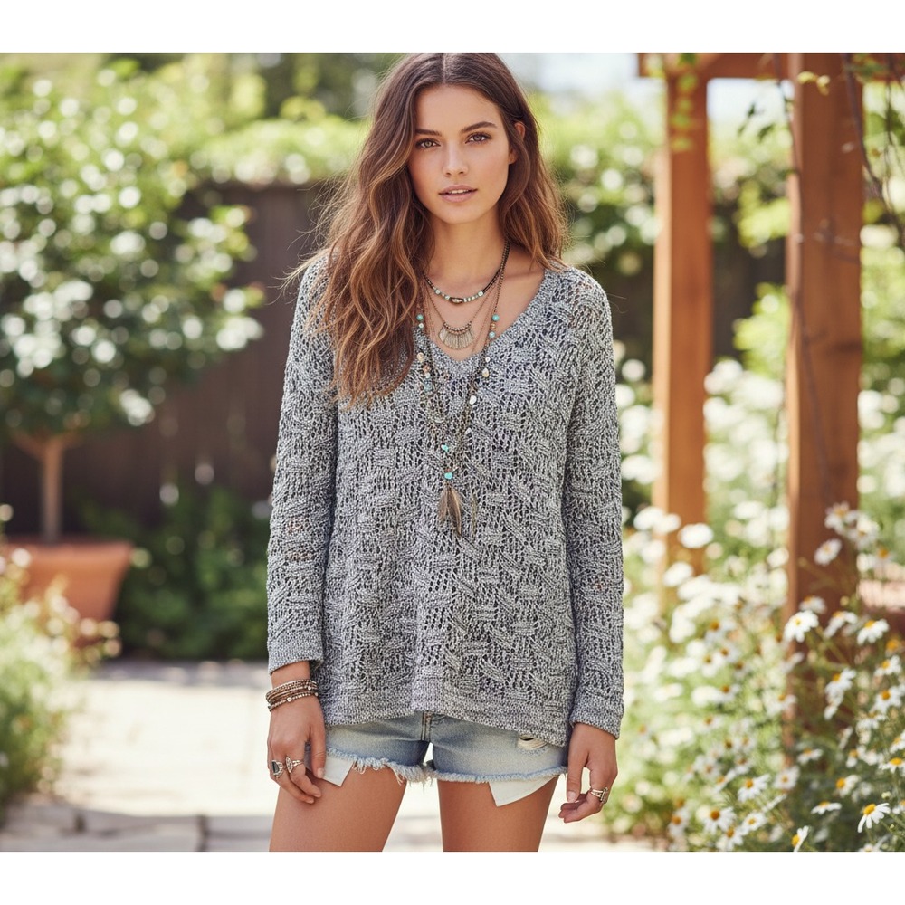 Loft M Sweater Marled Stitchy Black White V Neck Cottage Cozy Boho Grunge Earthy